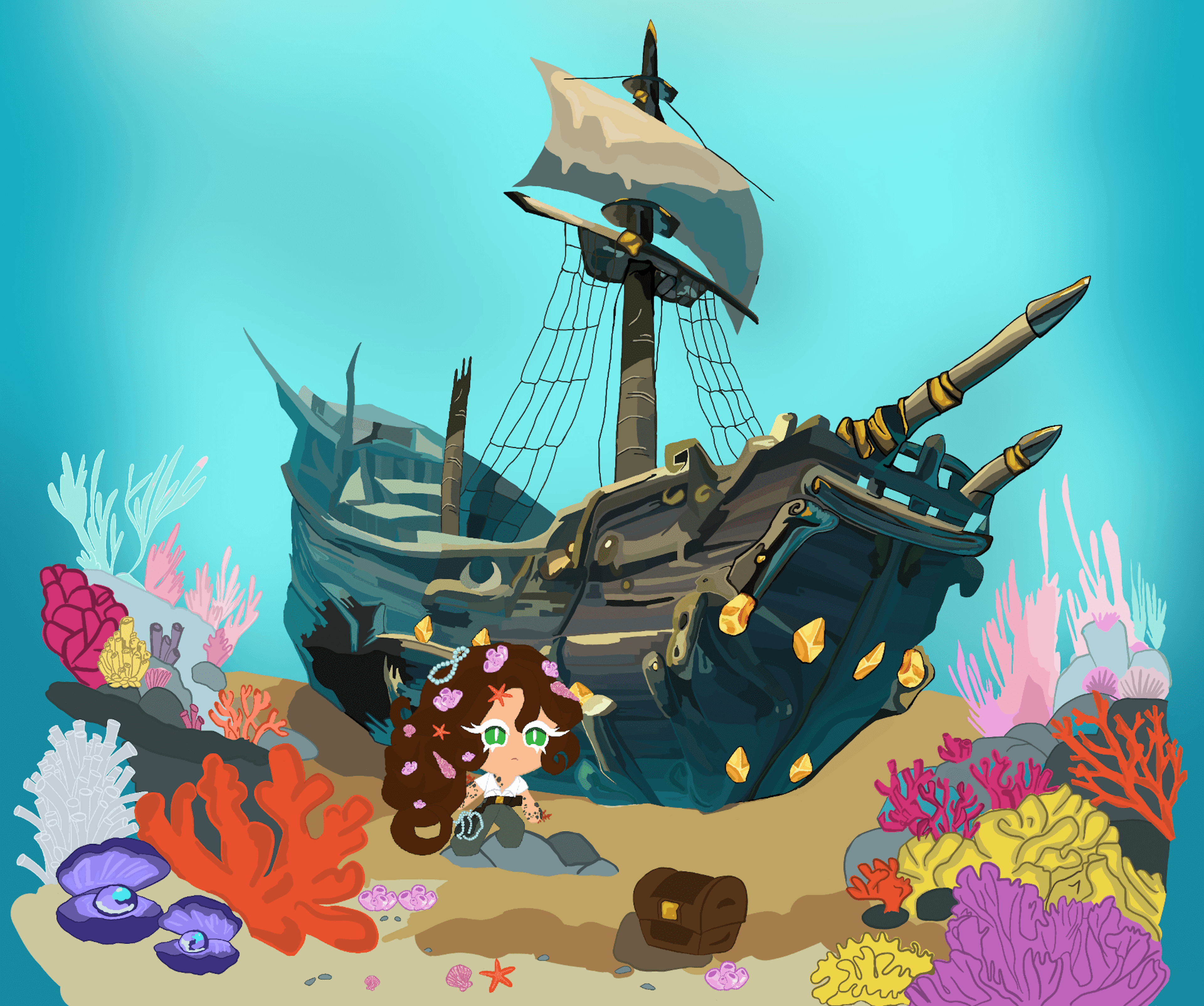 A cohesive design pairing featuring the Shipwreck Cookie character alongside their intricately crafted environment, highlighting the seamless integration of character and setting. This combination matches game styles, ensuring a consistent and immersive experience for players.