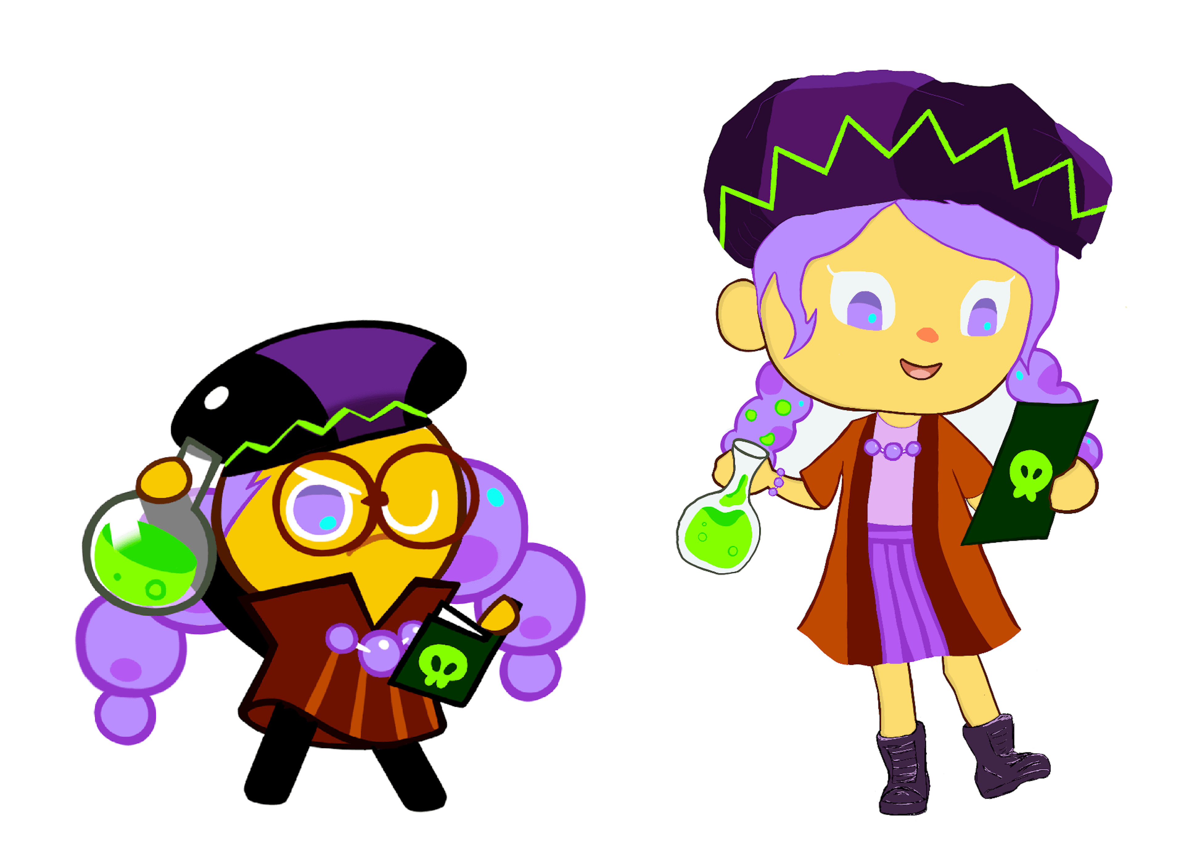 This image displays the original Alchemy Cookie design on the left, alongside its new interpretation in the Animal Crossing style on the right. Using a similar colour palette and keeping key elements allowed me to keep essences of the original while creating a new visual style.