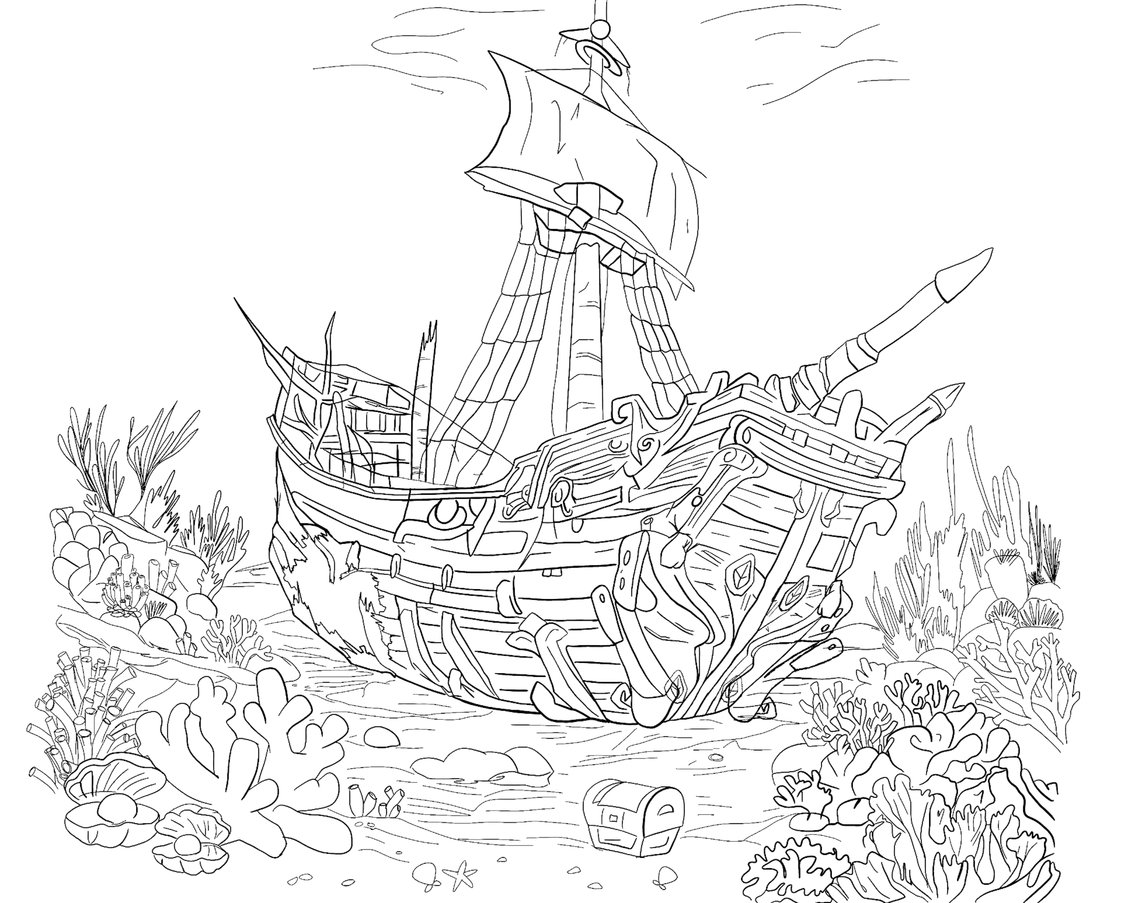 A monochromatic depiction capturing the atmospheric essence of the Shipwreck Cookie’s environmental surroundings. The shipwreck is at the centre of the visual to hone in on the characters theme and the seashells match the character's hair accessories creating a direct link.