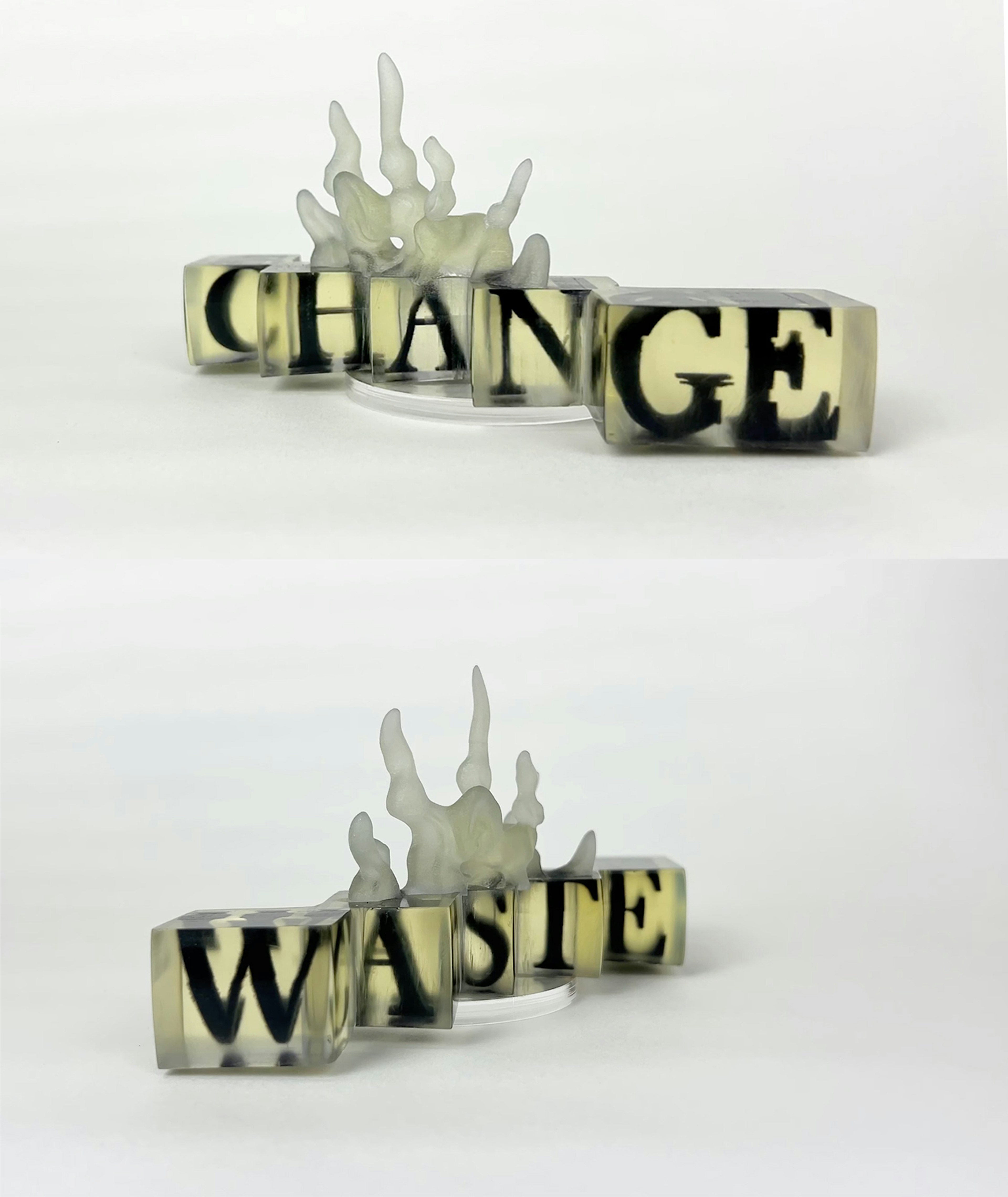 My 3D print ‘Perspective Change’ – by changing the perspective through which it is viewed, the viewer can transform ‘Waste’ into ‘Change’. 