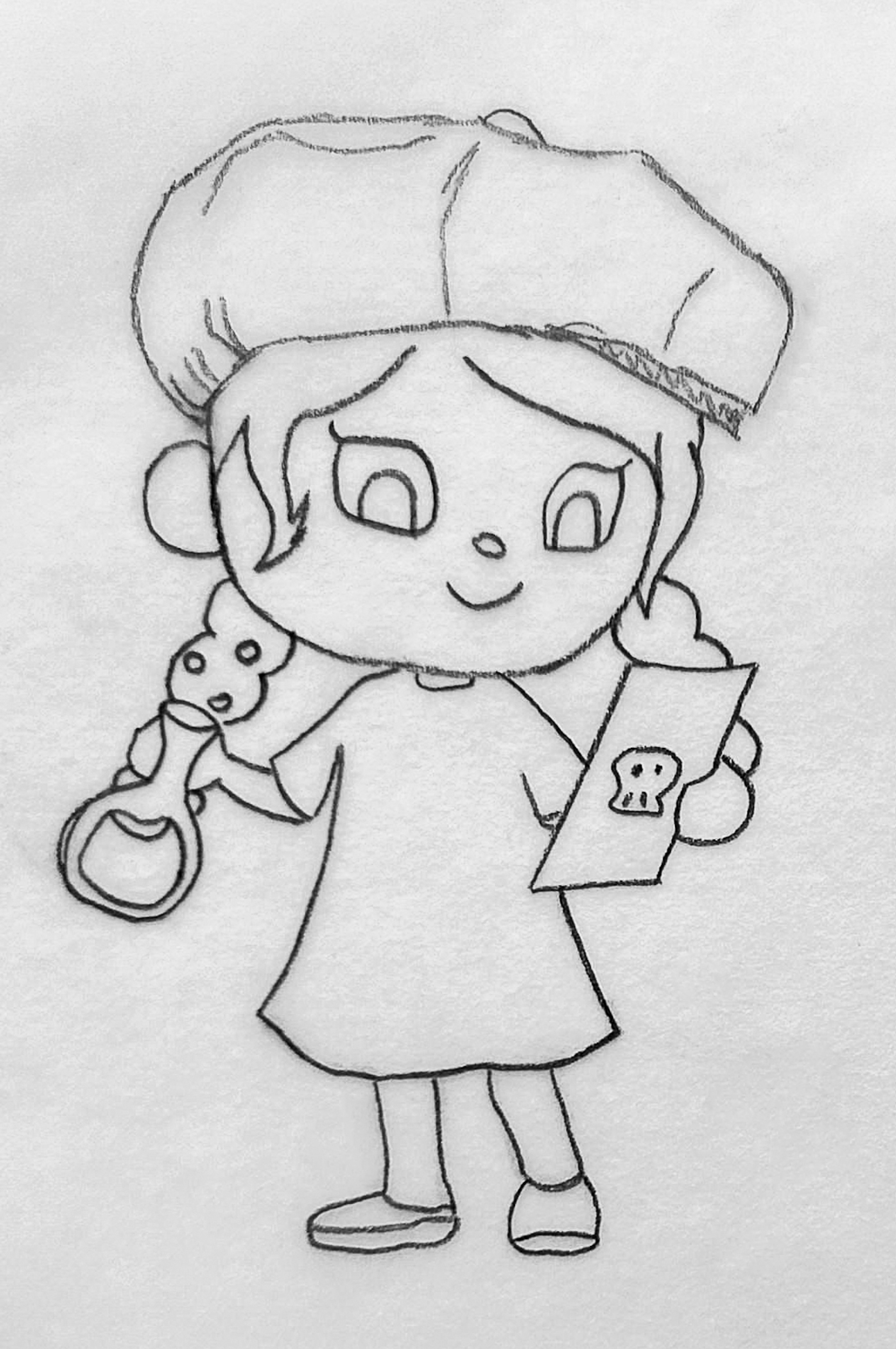 Final linework design of Alchemy Cookie in Animal Crossing Style. This rendition integrates key elements of her original cookie design (silhouette, beret and position beaker) into the aesthetic of Animal Crossing, ensuring an accurate portrayal of the character in this new style.