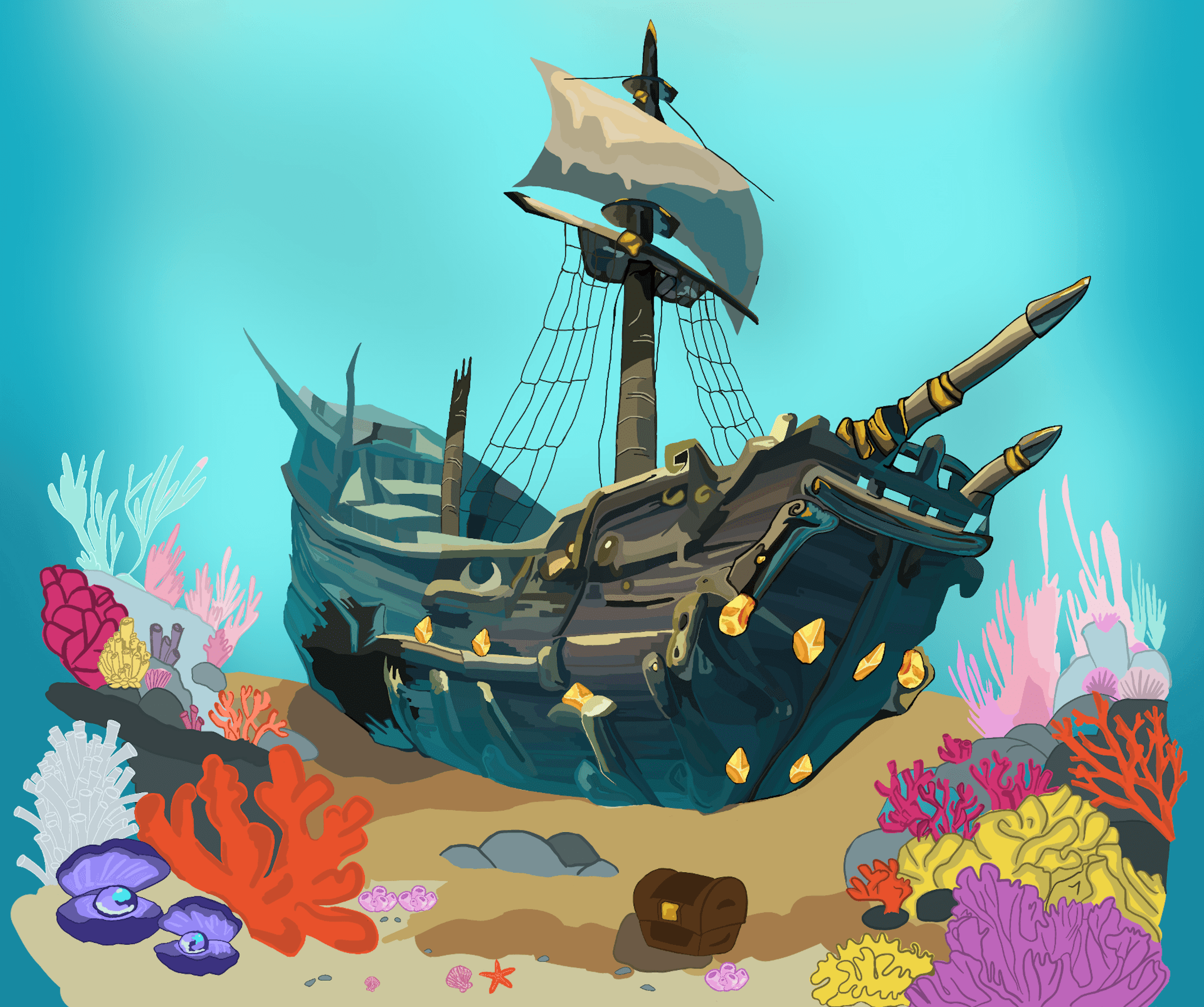 A vibrant and detailed portrayal of the immersive environment specifically designed for the Shipwreck Cookie character. Bright colours were used for the coral and bluish hues were used for the ship to emphasise its underwater setting.